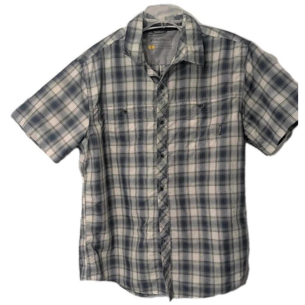 Eddie Bauer‎ Travex Short Sleeve Button Up Shirt Mens LARGE  Hiking Blue